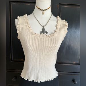 Cotton Emporium Ribbed Lettuce-Edge Top in Cream